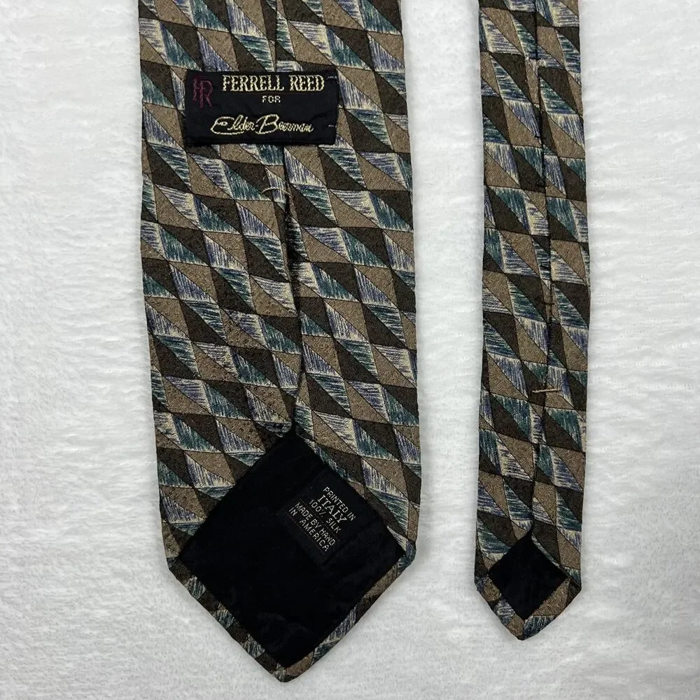 Ferrell Reed Mens Silk Necktie Tie Brown Blue Geometric Handmade in USA